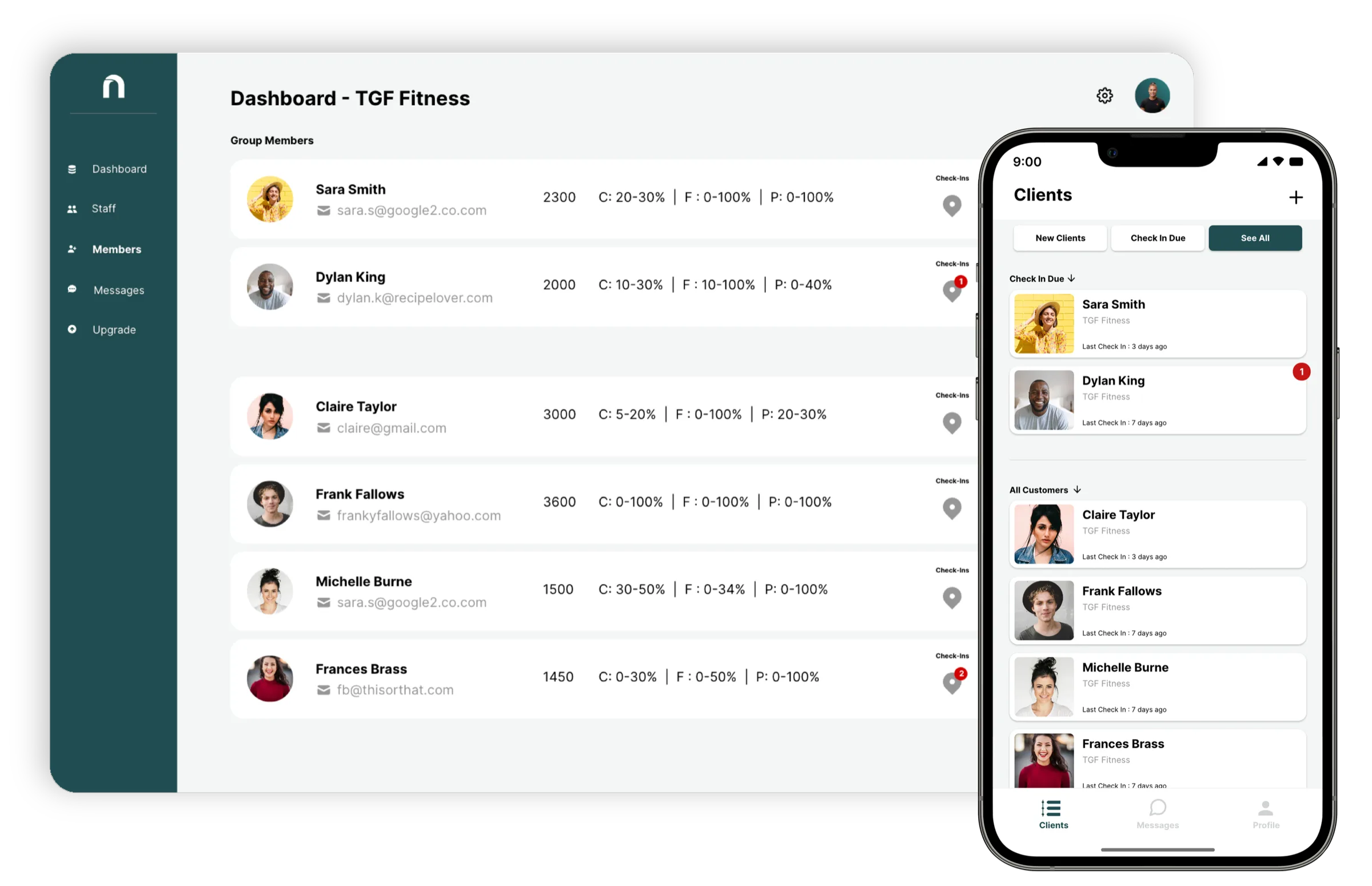 The Nourish professional dashboard listing clients with their calorie and macro targets, beside the mobile client view