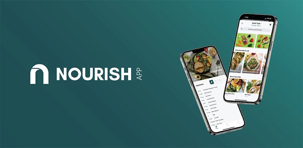 The Nourish app banner: the Nourish logo beside two phones showing recipe and meal-recommendation screens